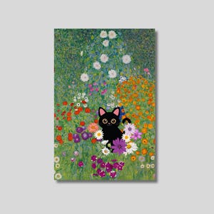 Gustav Klimt inspirierte schwarze Katze in einem Garten Leinwand Wandkunst, Blumen Druck, Naturszene, Tierkunst, trendige Wandkunst, Geschenk für Katzenliebhaber