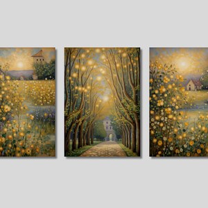 3er Set Gustav Klimt Style Parkway Wandbild, Wald und Bäume, Blumen Druck, Florales Dekor, Sonnenlicht, Landschaft, Natur Poster