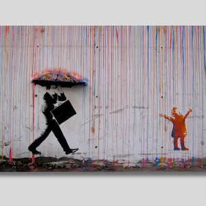 Arte en lienzo de Banksy: Hombre con paraguas: Impresión de grafiti de niña y lluvia de arcoíris