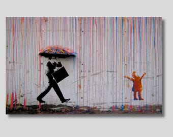 バンクシーの傘男のキャンバスアート：虹の雨と少女のグラフィティ