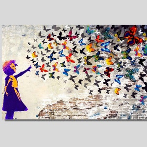 Banksy Schmetterling Mädchen Leinwand Wandkunst, Banksy Wandkunst, Graffiti Wandkunst, Mädchen Zimmer Dekor, Street Art, trendige Wandkunst, Geschenkidee