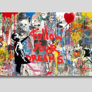Banksy Design Follow Your Dreams Canvas, Graffiti Wall Art, Abstract Art, Banksy Street Art, Pop Art Print, Interior Design, Home Decor