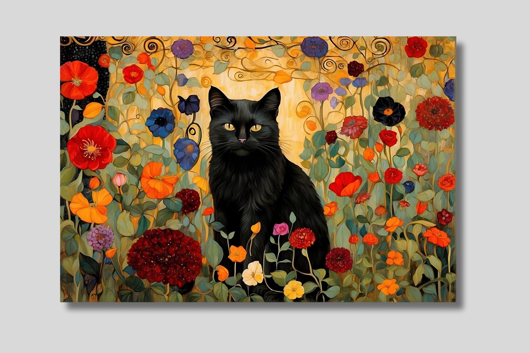 Black Cat in A Garden Wall Art Print, Gustav Klimt Inspired Canvas Wall ...