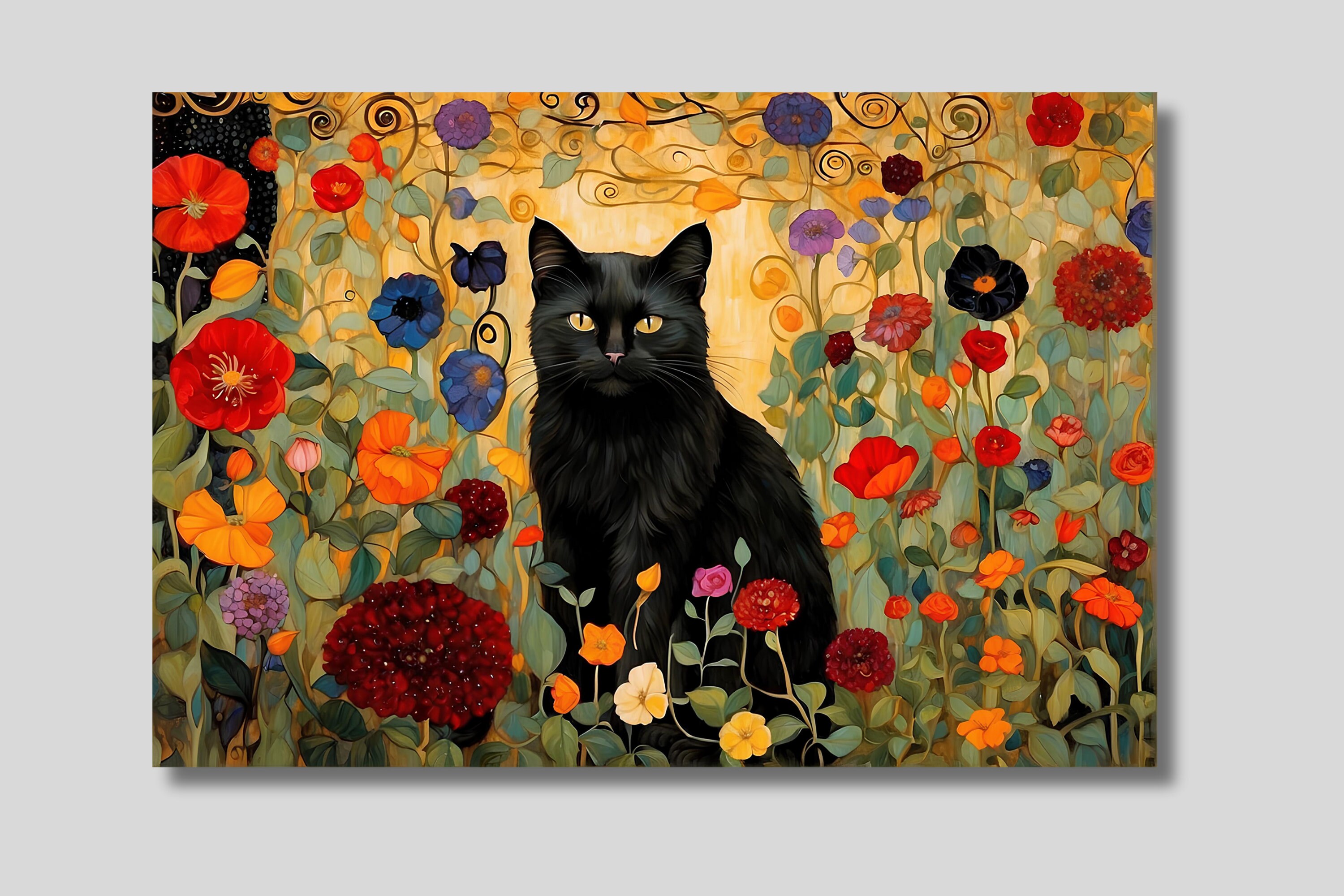 クリムト風の黒猫アートプリント：花の庭のキャンバス - Etsy 日本