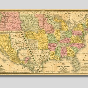 Vintage Karte der Vereinigten Staaten von Amerika Leinwand Wandkunst, US und Texas Karte aus dem Jahr 1839, Vintage Kunst, USA Karte Druck, Reisekunst