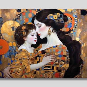 グスタフ・クリムト風の母と子のキャンバス壁アート、母と娘のプリント、トレンディな壁アート、妻への贈り物、お母さんへの贈り物
