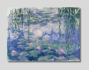 May include: Impressionist painting of a water garden with lily pads and pink water lilies. The water reflects the sky and weeping willow branches. The painting has a soft, blurred effect with shades of blue, green, and pink.