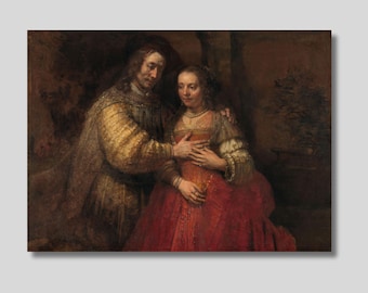 May include: A painting of a couple standing close together. The man is wearing a brown and gold patterned robe and the woman is wearing a red dress with a white collar. The painting is set against a dark background.