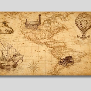 Alte Landkarte von Amerika von Will Faden Leinwanddruck, Karte von Nord- und Südamerika, Karte von Atlantik und Pazifik, Vintage Atlas Karte