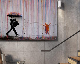バンクシーの傘男のキャンバスアート：虹の雨と少女のグラフィティ