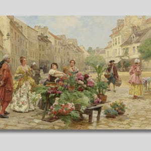 Louis Marie de Schryver canvas muurkunst, de bloemenmarkt in Parijs print, heer koopt bloemen voor zijn geliefde, Parijs stadsgezichten verven