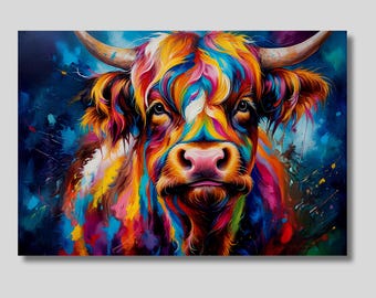 Bunte Highland Kuh Leinwand Kunst: Schottischer Stier Druck, Bauernhaus Dekor