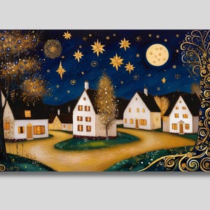Klimt Inspired Village at Night Canvas Print: Moon, Stars, Tree