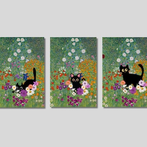 3er Set Gustav Klimt Gustav Klimt Stil Schwarze Katze In Einem Garten Leinwand Wandkunst, Blumen Druck, Katzengarten, Tierkunst, Trendige Kunst, Katzengeschenk