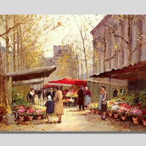 Edouard Leon Cortes The Flower Market Next to The Madeleine Canvas Wall Art,  The Parisian Poet of Painting, Paris Cityscapes, Paris Prints