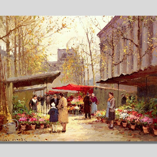Edouard Leon Cortes Canvas Wall Art, The Flower Market next to the Madeleine Poster, The Parisian Poet of Painting, Paris Cityscapes Paints