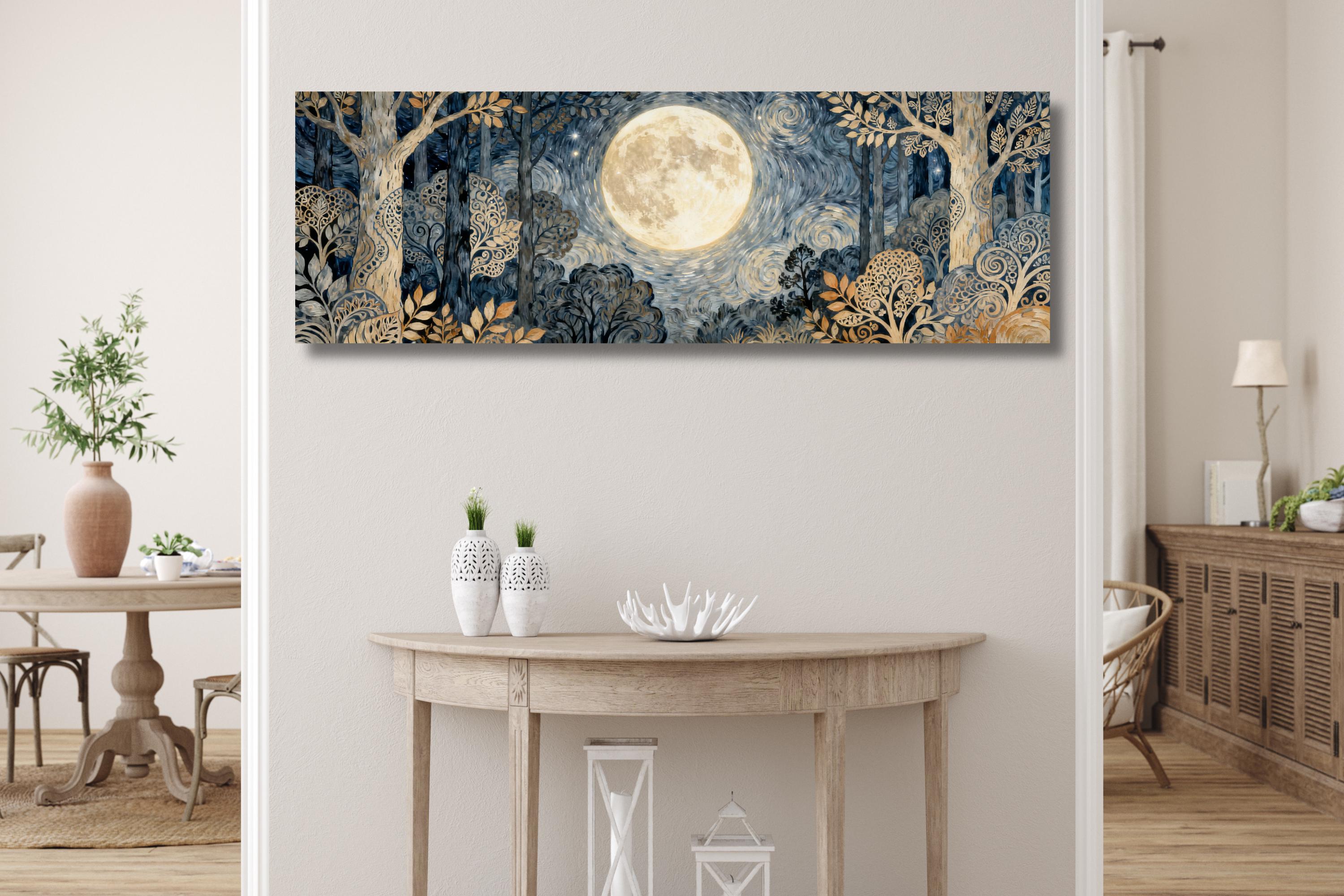 Panoramic William Morris Full Moon Canvas Wall Art: Ornate Tree Forest ...