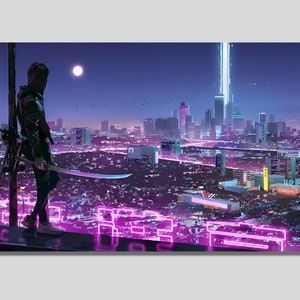 Cyberpunk City Canvas Art: Neon Sci-Fi Nightscape Print