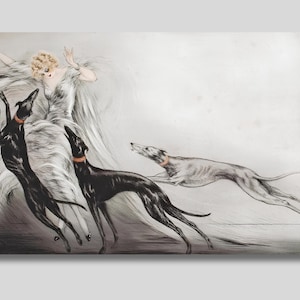Speed by Louis Icart Canvas Wall Art, Vitesse Print, Fashion Lady with Greyhound Speed Dogs Print, Animal Art, Art Deco, Fine Art, Dogs Art