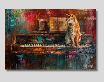 May include: A painting of a cat sitting on a vintage piano with sheet music on the stand. The piano is painted in a dark brown color with a colorful abstract background.