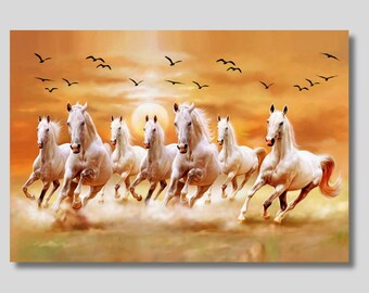 Seven Running Horses and Flying Birds Canvas Wall Art, Colourful Print Canvas, Horse Canvas, Animals Canvas Art, Natural Print, Home Decor