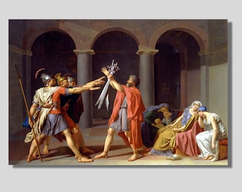 May include: A classical painting depicts a dramatic scene with figures in ancient attire. A man in a red cloak holds swords aloft, while others gesture and react. The setting is an arched interior with columns.