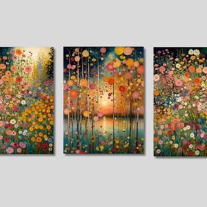 Lot de 3 oeuvres d'art murales sur toile jardin fleuri style Gustav Klimt, impression de fleurs, décoration florale, impression lumière du soleil, paysage, affiche de la nature, oeuvre d'art tendance