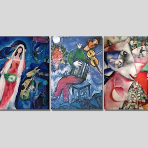 Set of 3 Marc Chagall Canvas Wall Art, La Mariée Art Print, Blue Violonist Print, I and Village Artwork, Expressionism Art, Gift Idea