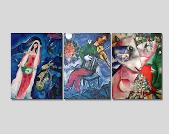 Set of 3 Marc Chagall Canvas Wall Art, La Mariée Art Print, Blue Violonist Print, I and Village Artwork, Expressionism Art, Gift Idea