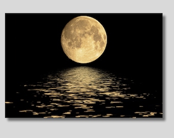 May include: A full moon shines brightly in a dark night sky, reflecting in the rippling water below.