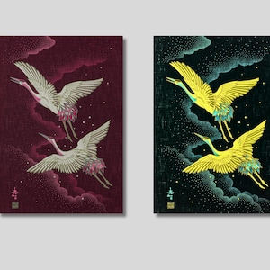 Crane Bird Japanese Canvas Wall Art: Modern Illustration Set of 2