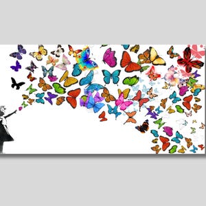 Banksy Schmetterlinge & Mädchen Leinwand Wandkunst, Schmetterling Druck, Banksy Wandkunst, Graffiti Wandkunst, Mädchenzimmer Dekor, trendige Dekoration, Geschenk für Sie