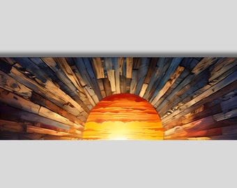 May include: A wooden wall art piece featuring a sunset scene painted in the centre. The wood is arranged in a circular pattern, creating a sunburst effect. The sunset is painted in shades of orange, yellow, and red, with clouds and a bright sun.