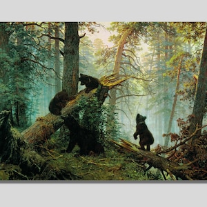 イヴァン・シーシキン作「松林の朝」キャンバスウォールアート、自然画、クマの絵、動物画、森のポスター、風景画、トレンディなインテリア