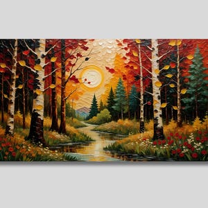 May include: An oil painting of an autumnal forest scene. Tall birch trees with white bark and yellow leaves stand beside a flowing river. The sky features a bright sun and warm orange and yellow hues.