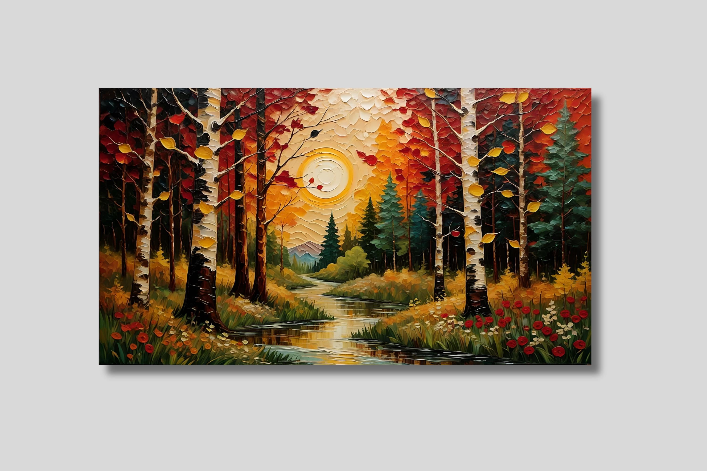 Autumn Forest River Canvas Wall Art: Warm Fall Landscape Painting, Cozy ...