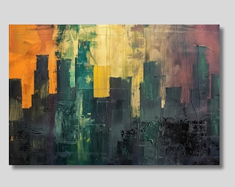 抽象的な都市景観の油絵：スカイラインのキャンバス壁アート - Etsy 日本