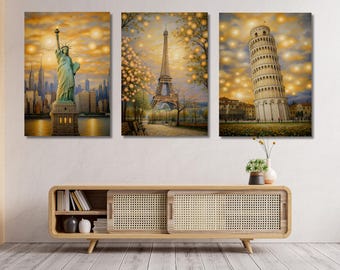May include: A set of three canvas prints featuring iconic landmarks: the Statue of Liberty, the Eiffel Tower, and the Leaning Tower of Pisa. Each print depicts the landmark against a golden sunset sky with twinkling lights.