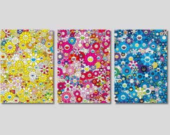 Set of 3 Takashi Murakami Flowers with Smiley Faces Canvas Wall Art, Takashi Murakami Poster, Floral Gift ,Multicolor Murakami Art