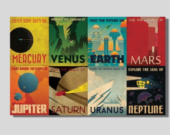 Retro Solar System Travel Poster Print: Vintage Space Art Canvas
