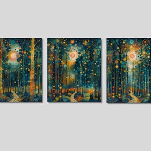 Conjunto de 3 Gustav Klimt Magical Forest Canvas Wall Art, Lua cheia e estrelas, floresta e árvores, impressão de flores, impressão de luz solar, pôster da natureza