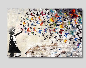 Banksy Wall Art, Graffiti Wall Art, Colorful Butterfly Girl Canvas Wall Art, Banksy Canvas Wall Art, Graffiti Art, Mother's Day Gift