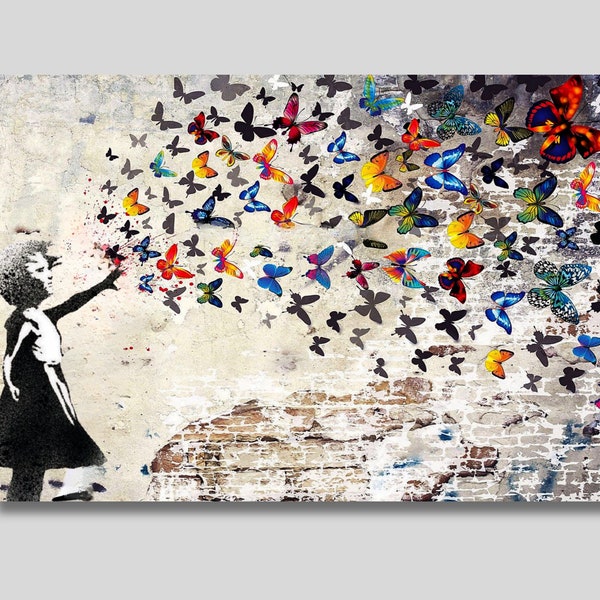 Banksy Wall Art, Graffiti Wall Art, Colorful Butterfly Girl Canvas Wall Art, Banksy Canvas Wall Art, Graffiti Art, Gift for Women