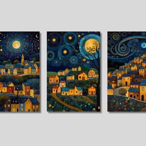 Set di stampe artistiche ispirate a Klimt &quot;Villaggio di notte&quot;: tela con luna magica