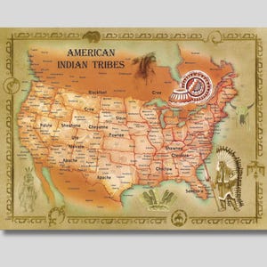 Karte der amerikanischen Ureinwohnerstämme Leinwanddruck, Karte der Indianer-Nationen, historischer Geist Nation, Vintage Karte, ethnische Drucke, Geschenkidee