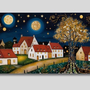 Klimt Inspired Moonlit Village Canvas Print: Gustav Klimt Art