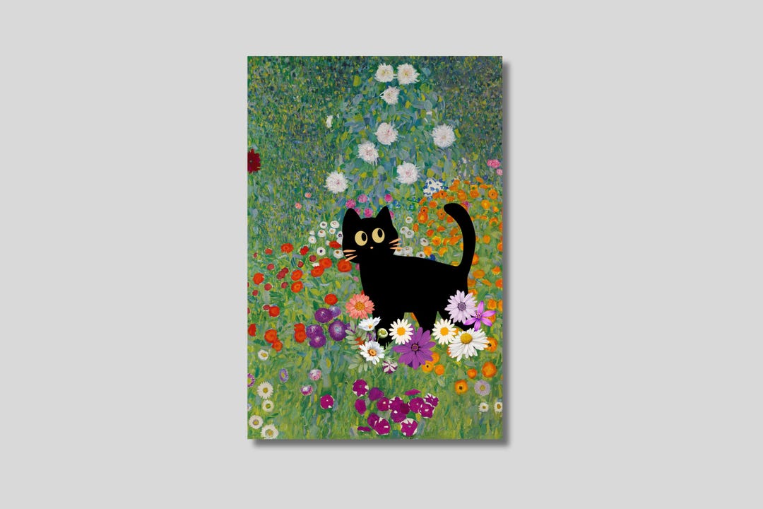 Gustav Klimt Style Black Cat in A Garden Canvas Wall Art, Flowers Print ...