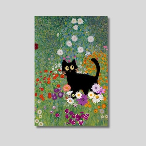 Gustav Klimt Stil Schwarze Katze In Einem Garten Wandbild, Blumen Druck, Naturszene, Tierkunst, Trendy Wandkunst, Geschenk für Katzenliebhaber