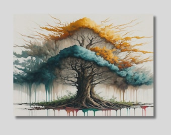 Canvasafdruk boom waterverf: muurdecoratie abstract landschap