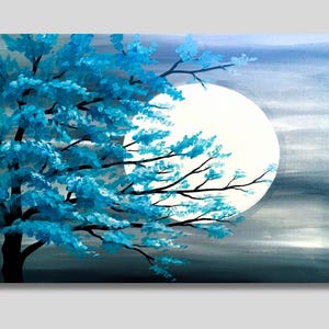 Herbst Baum und Mond Leinwand Wandkunst, Herbst Landschaft Druck, Neblige Landschaft Poster, Vollmond Poster, Bauernhaus Druck, Herbst Wanddekor